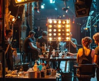 Scenpersonal arbetar bakom kulisserna med ljus, teknik och förberedelser